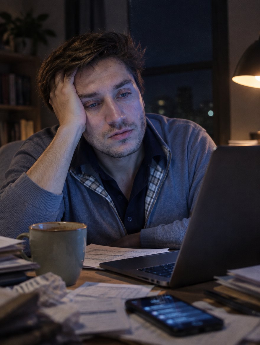 A business owner looking exhausted at his laptop late at night